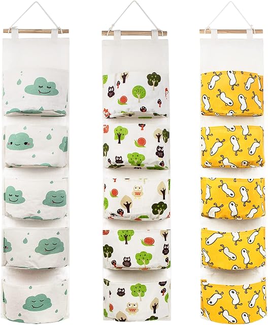 VASZOLA 3Pcs Linen Fabric Wall Closet Hanging Storage Bag with 5 Pockets, Waterproof Over The Door Closet Organizer, Multifunctional Wall Hanging Storage Bag for Bedroom Bathroom (Duck/Cloud/Owl)