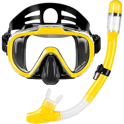 Snorkeling Gear for Adults, Dry Top Snorkel Set with Panoramic Anti-Leak and Anti-Fog Tempered Glass Lens, Adjustable Snorkeling Set for Scuba Diving Swimming Training Snorkel Kit