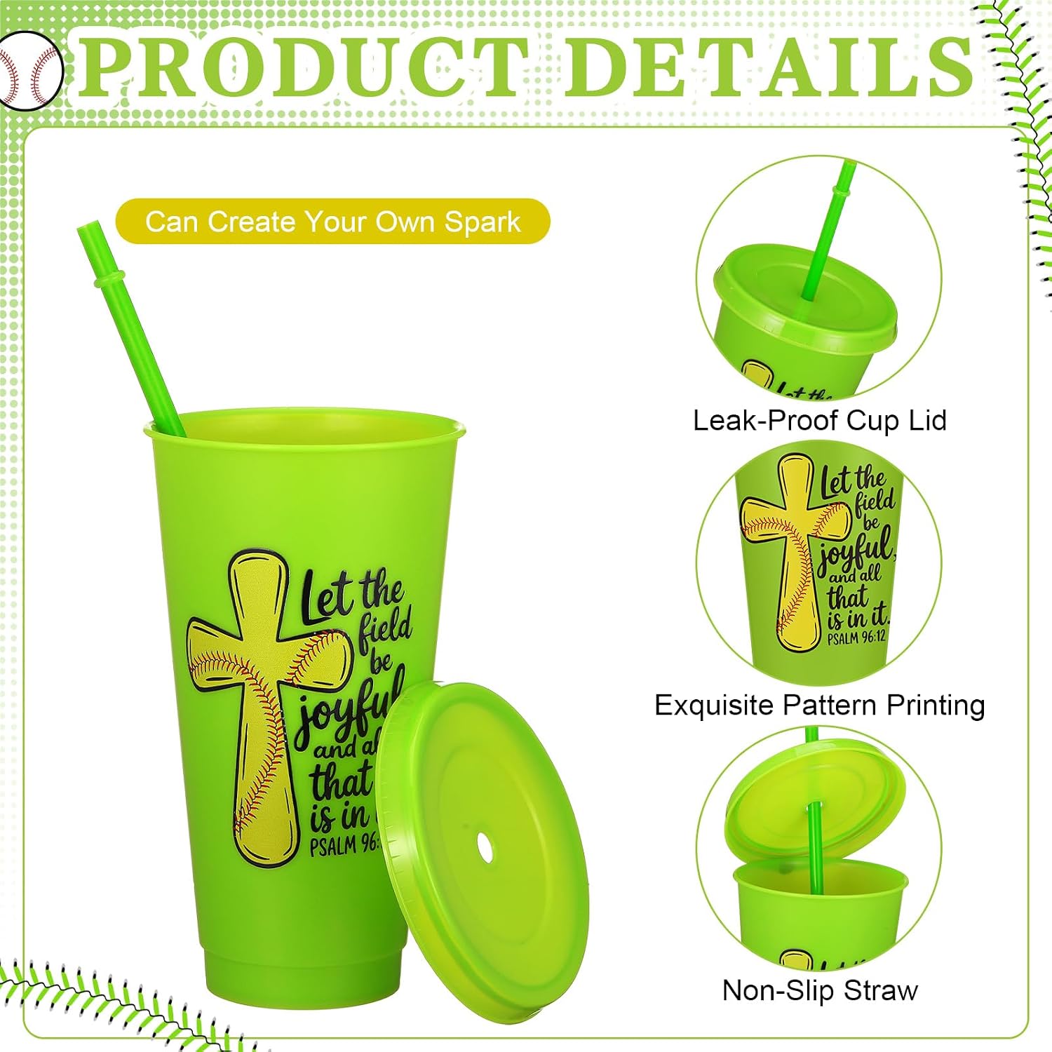 Remerry 24 Pack Softball Cross Cups with Lids and Straws, Cross Softball Party Favor, 24oz Christian Religious Bible Verse Cups Reusable Plastic Drink Tumbler Bulk for Sport Team Gift Decor Supply