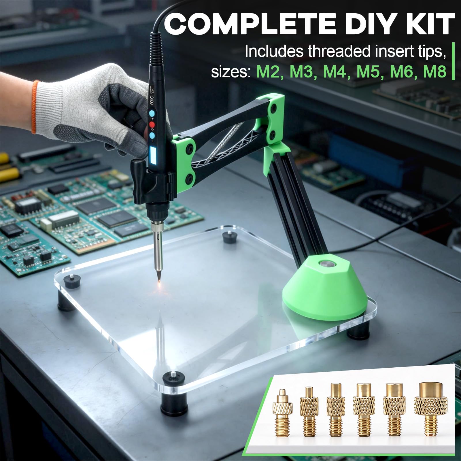 Pressa Verticale per Inserti Filettati Heat Set per Stampa 3D, Strumento per Inserimento Inserti in Ottone M2/M3/M4/M5/M6/M8 con Saldatore Regolabile (Su/Giù/Sinistra/Destra)