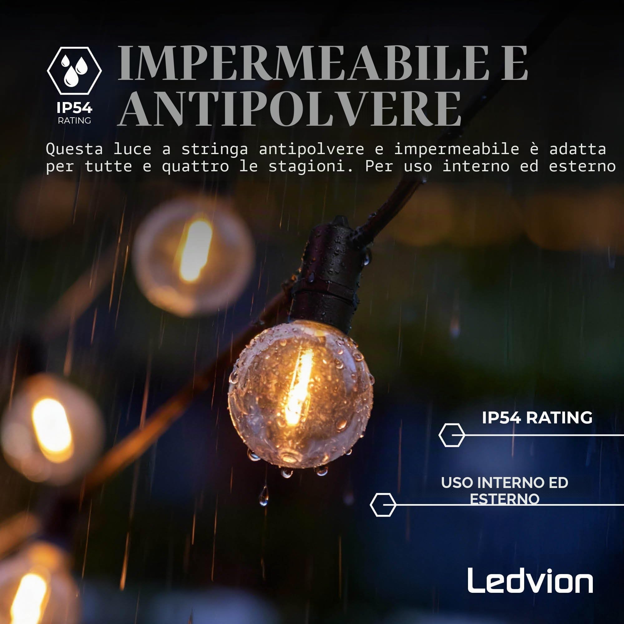 Ledvion - Catena Luminosa, 19.5 Metri, 30x E12 LED, IP44 Impermeabile, 9W, 2700K, Illuminazione per Esterni