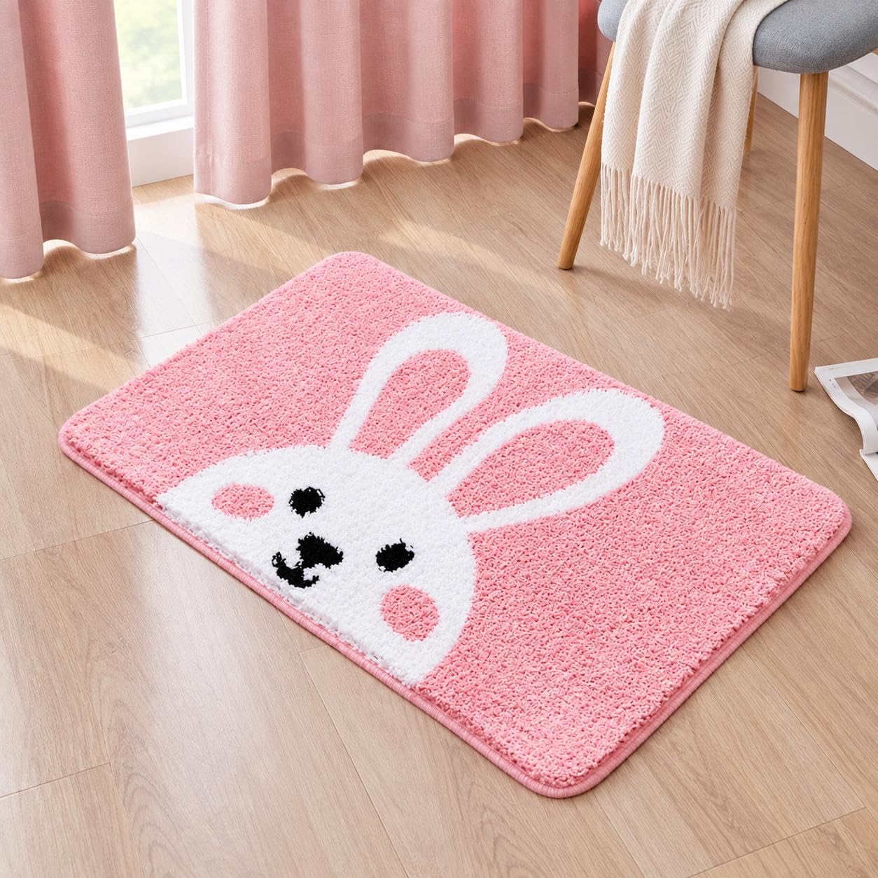 Cute Pink Bunny Bath Mat - Non-Slip & Washable -3