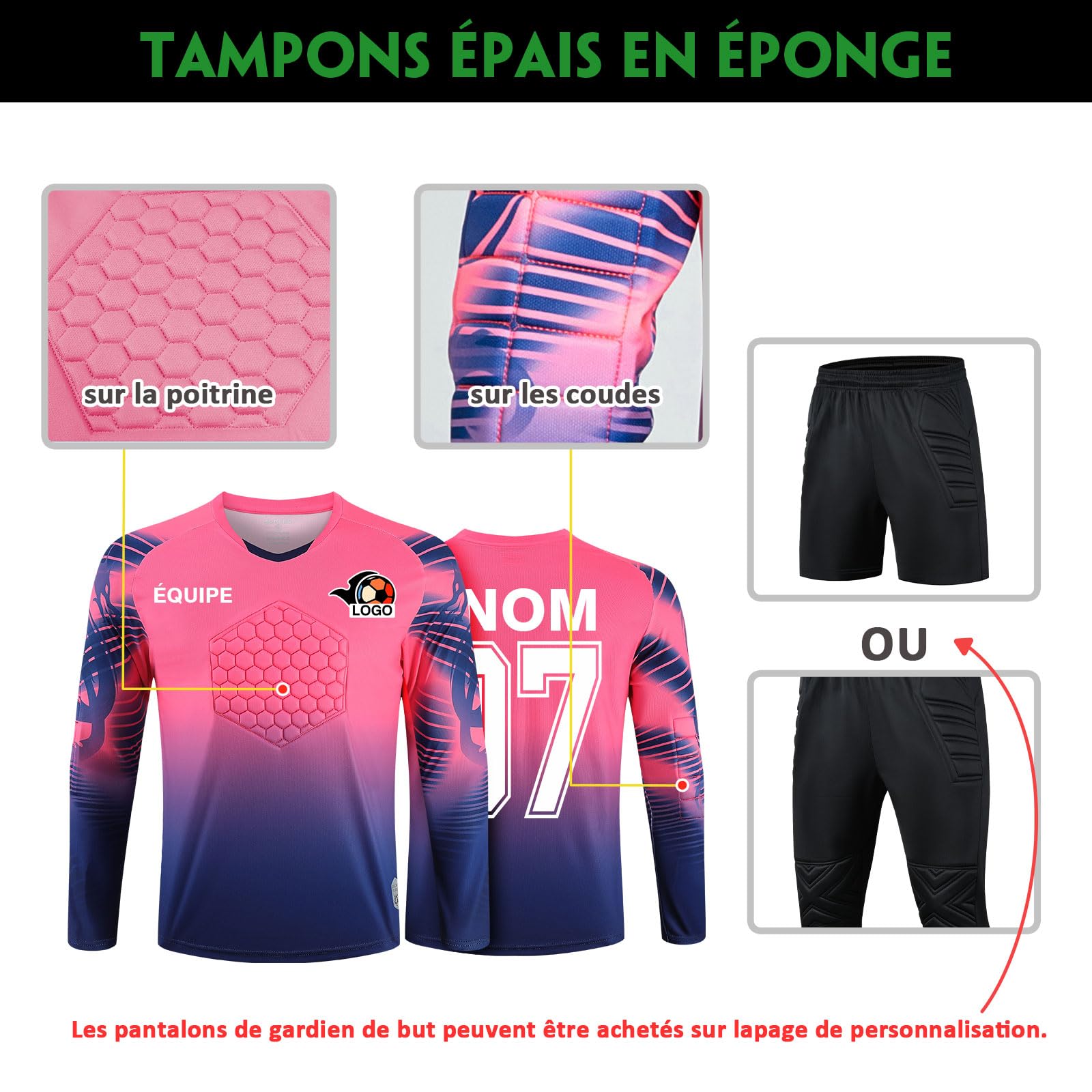 LAIFU Maillot de Gardien de But personnalisé, Nom personnalisé, Nom de l'équipe, Logo du numéro Maillot de Gardien de But