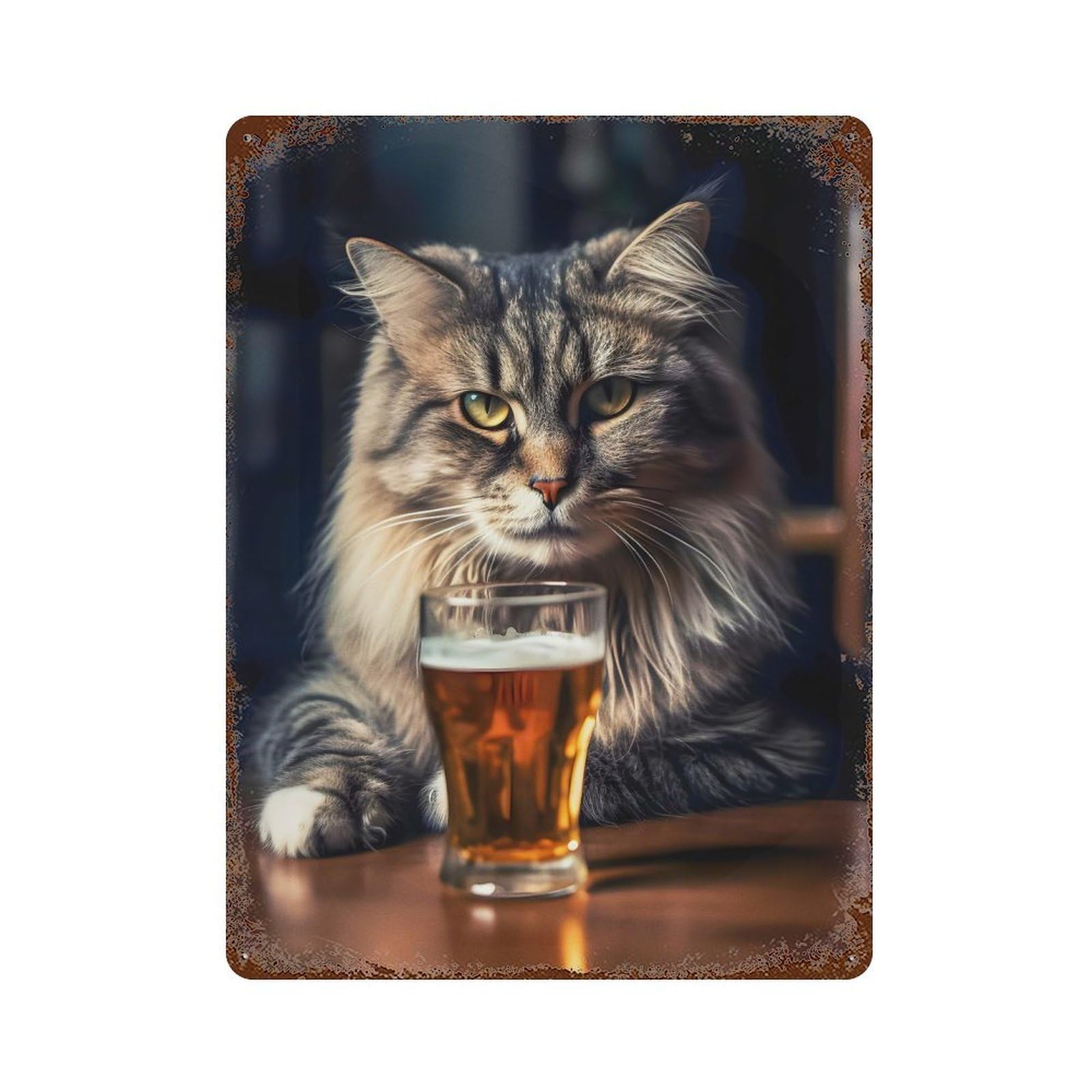 Cute Cat And A Beer Retro Metal Sign 15.7"x11.8", for Bistro, Counter And Cafe Decor, Rustic Home Decor
