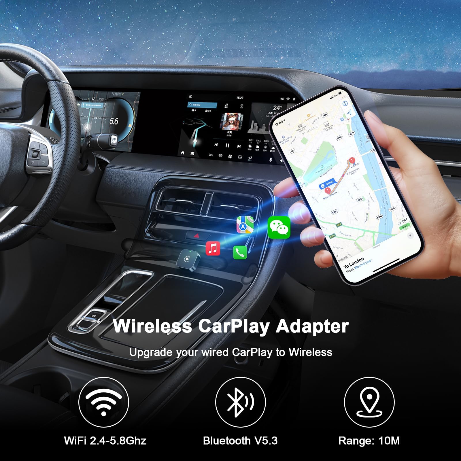 Wireless CarPlay Adapter für iPhone, 2025 Upgraded von Wired CarPlay auf Wire-Less, Plug und Play, 2-in-1 Mini & Stabiler Apple Car Play Wireless Adapter Kompatibel mit iPhone iOS mit Wired Car Play