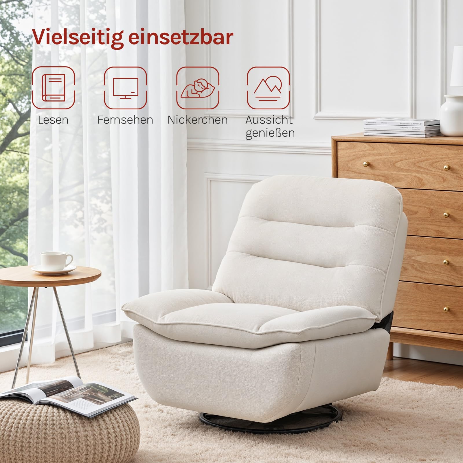 WOLTU Relaxsessel mit Liegefunktion, 95 cm breite Sitzfläche, Beige | drehbarer Fernsehsessel, mit klappbarer Fußstütze, Seitenfach, bis 150 kg, für Wohnzimmer Schlafzimmer Arbeitszimmer