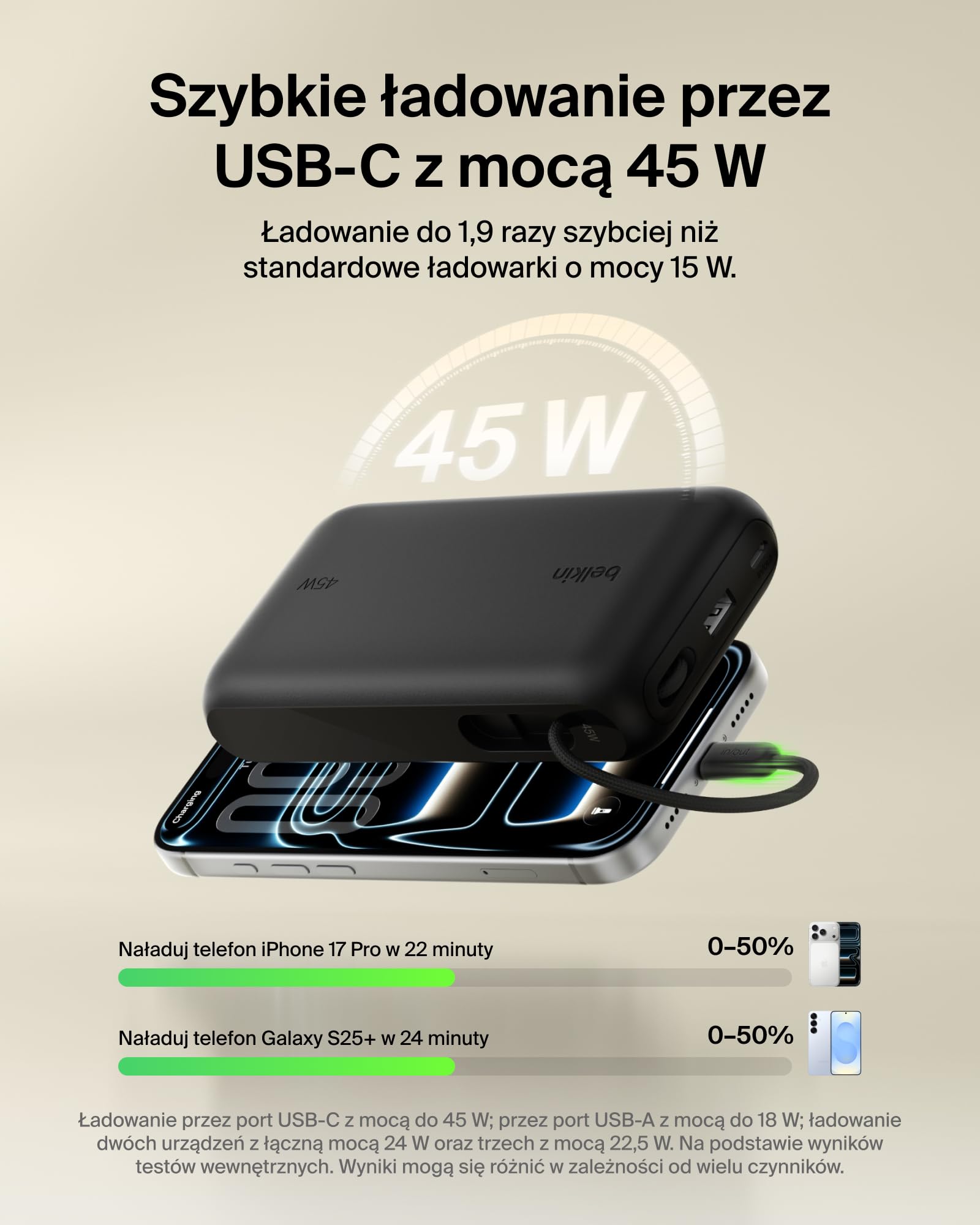 Belkin UltraCharge Powerbank 20 000 mAh, Kabel USB-C, Wyświetlacz – Czarny | Powerbank 20 000 mAh, Ładowanie 3 Urządzeń (1 Port USB-C, 1 Port USB-A, Kabel USB-C), 45 W, Wstępnie Naładowany, Wyświetlacz