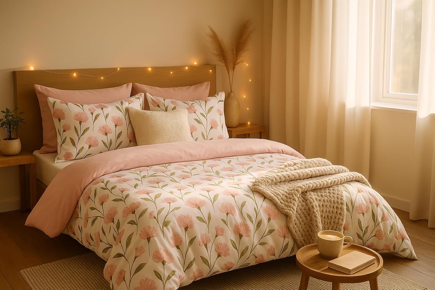 Smile Floral Double Bedsheet Set King Size – Pink & White Modern Botanical Print, Cotton Blend - 210 Thread Count with 2 Pillow Covers-image-13