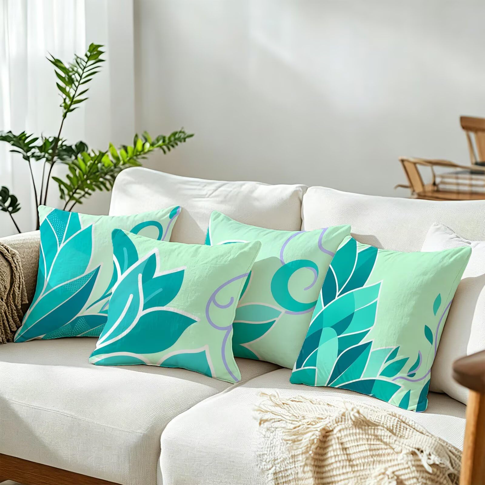 Blu Federe Cuscini Divano 40x40cm, Cuscini da Esterno Set de 4, Cod-81 | Lin Copricuscini Decorativi Letto Arredo, per Letto, Soggiorno, Giardino, Esterno, Casa Decorazione Set di 4 Foglie