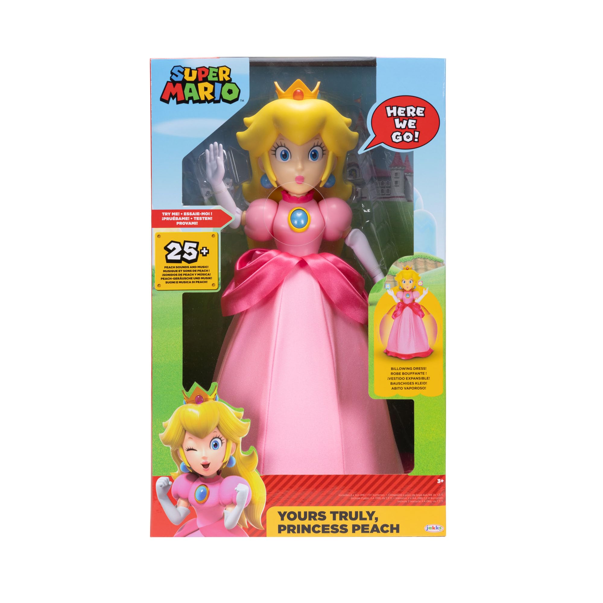 Super Mario Bros Princesa Peach Articulada Muñeca de Jakks Pacific, Licenciada Oficialmente, Posable con Vestido Iconicos y Corona - Regalo Muy Detallado