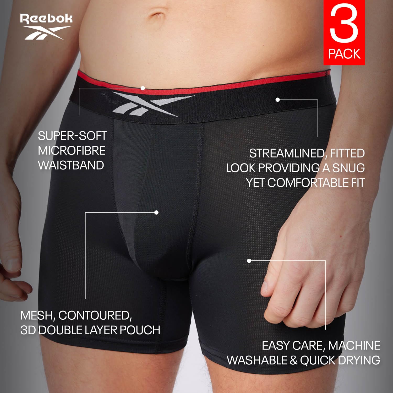 Reebok Glynn Boxers for Men | Pack of 3 Sports Trunks, Breathable & Stretchable Men's Underwear | Multipack Boxer Shorts