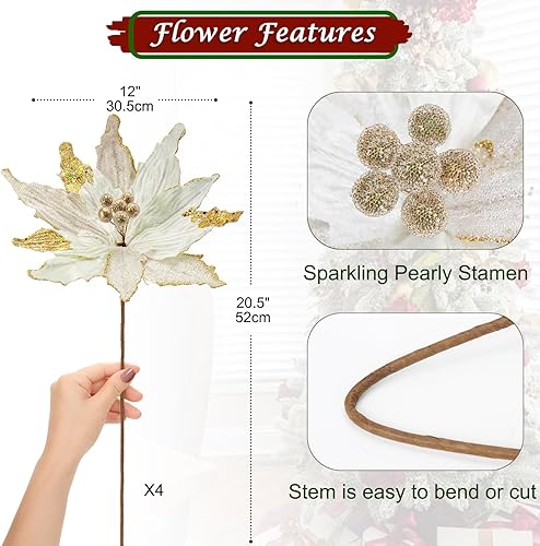 Miniatura 9 de Briful Juego de 4 flores de Pascua con purpurina de 12 pulgadas, flores artificiales con tallos largos para fiesta de árbol de Navidad, decoración