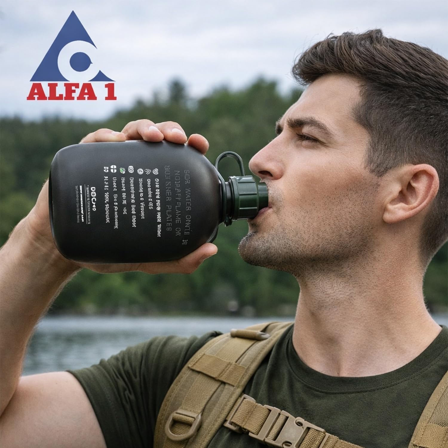 ALFA1 OD GI Military Water Canteen 1 Quart/32oz (Green) | Improves Taste & Odor | Leak Proof BPA-Free Plastic | Camping, Hiking, Backpacking, Outdoor & Travel