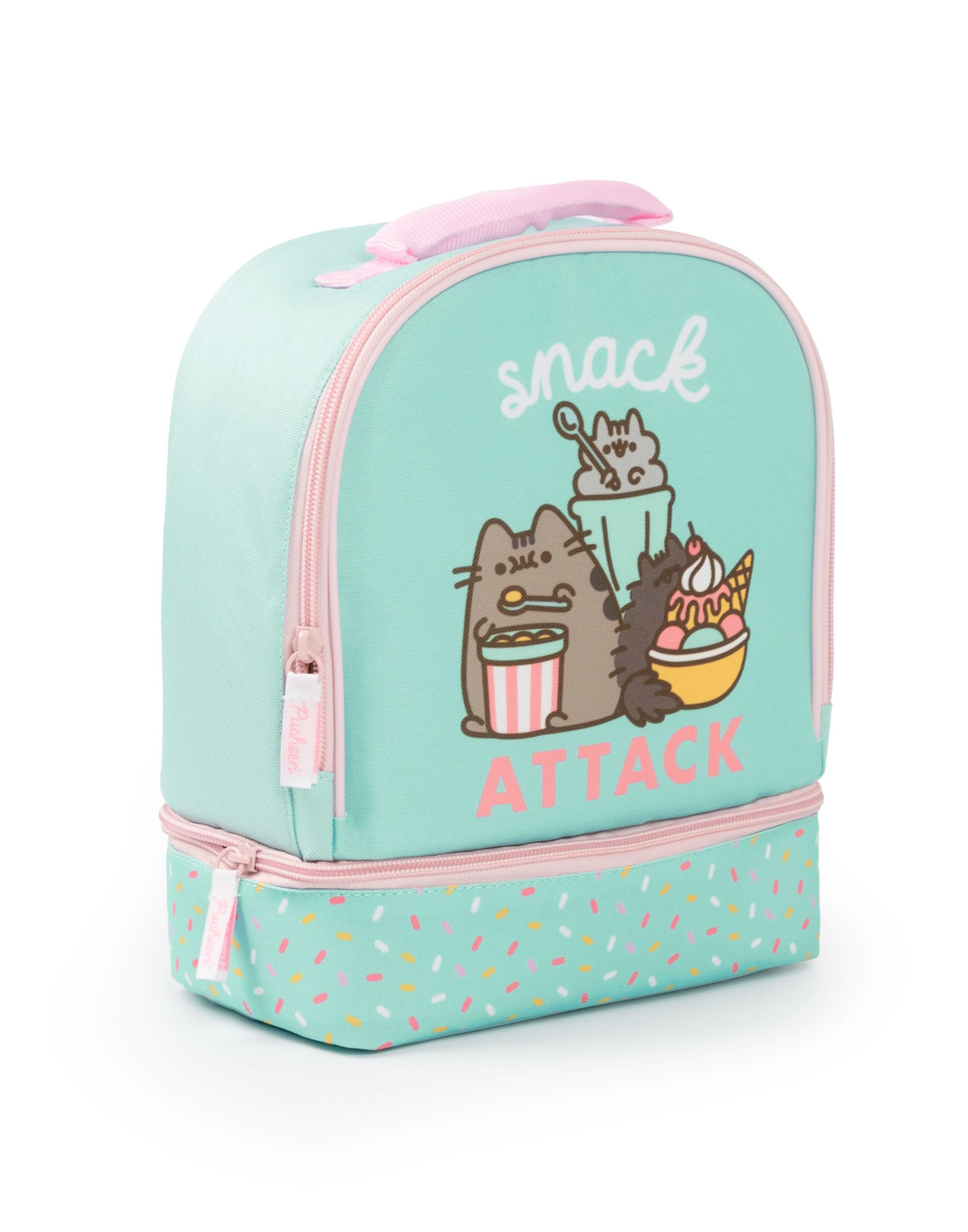 Pusheen le sac à lunch, la boîte à lunch et l'ensemble de bouteilles de boissons le chat à la menthe | Snack Attack Polkadot Ensemble déjeuner scolaire pour filles | Bouteille d'eau transparente