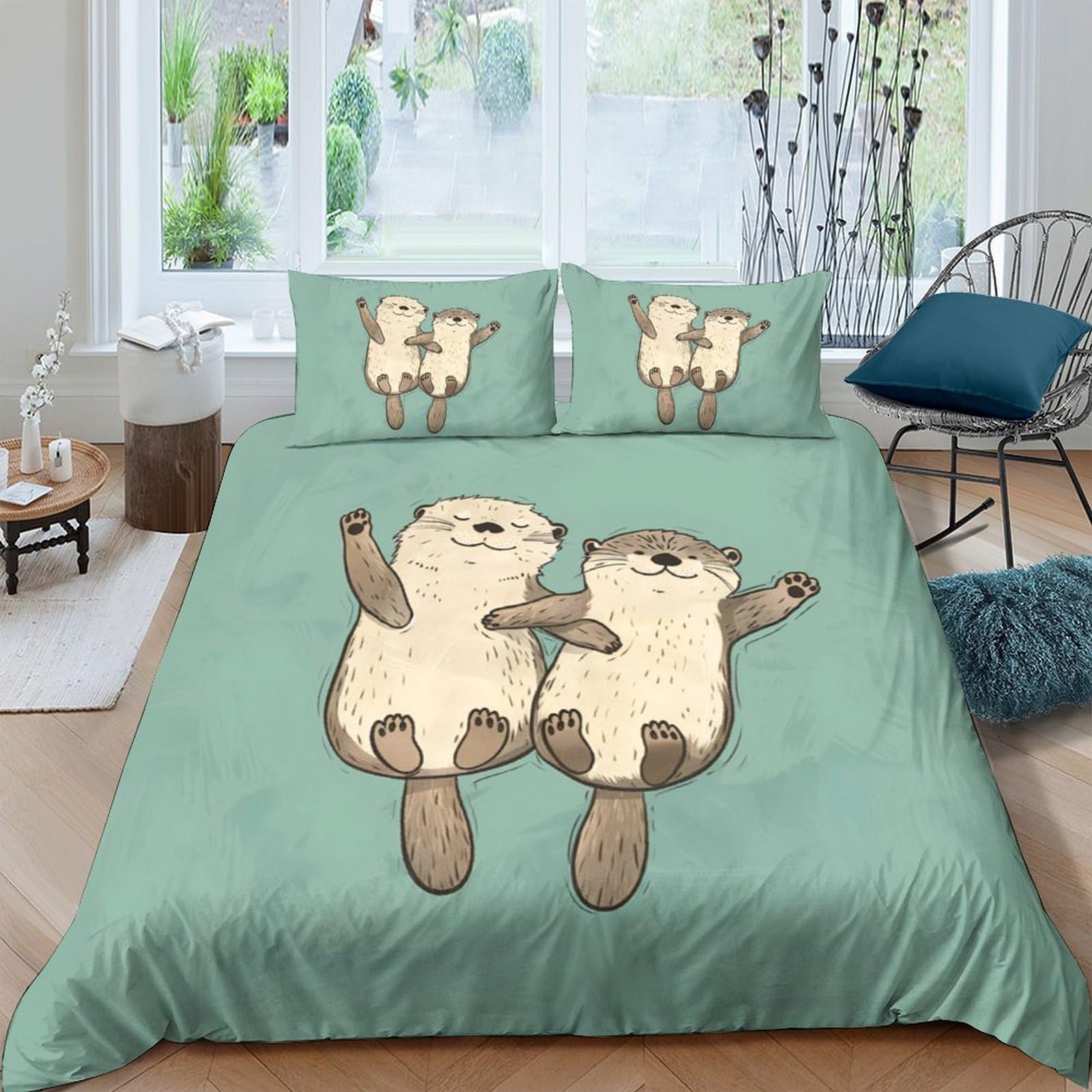 Ctjqhvkz Style-4 3D Printed Otter Cartoon Fitted Sheet Microfiber Soft Green Animal Bed Cover For Bedroom Dorm Mattress Protection Decor Single（135X200cm）