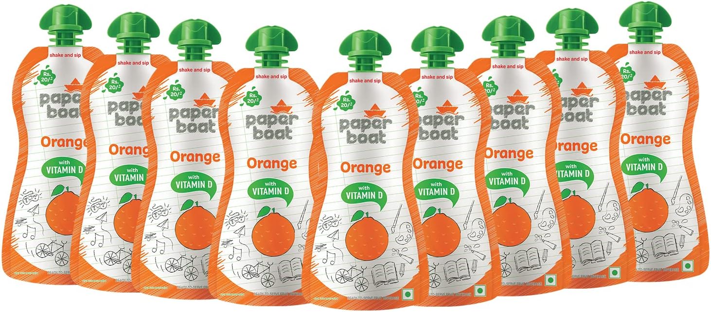 Paper Boat Orange Juice, Enriched with Vitamin D, No Added Preservatives and Colours (Pack of 9, 150ml each)