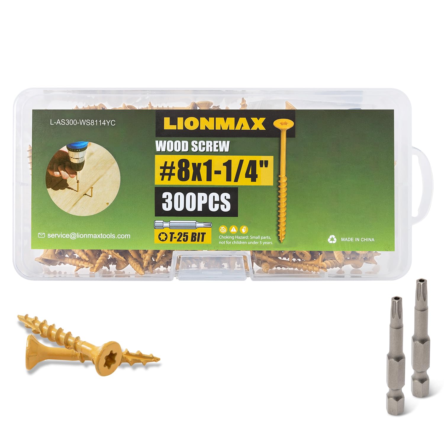 LIONMAXDeck Screws 1-1/4 Inch, Wood Screws #8 x 1-1/4", 300 PCS, Rust Resistant, Exterior Epoxy Coated, Outdoor Decking Screws, Torx/Star Drive Head Screw, T25 Star Bit Included, Tan