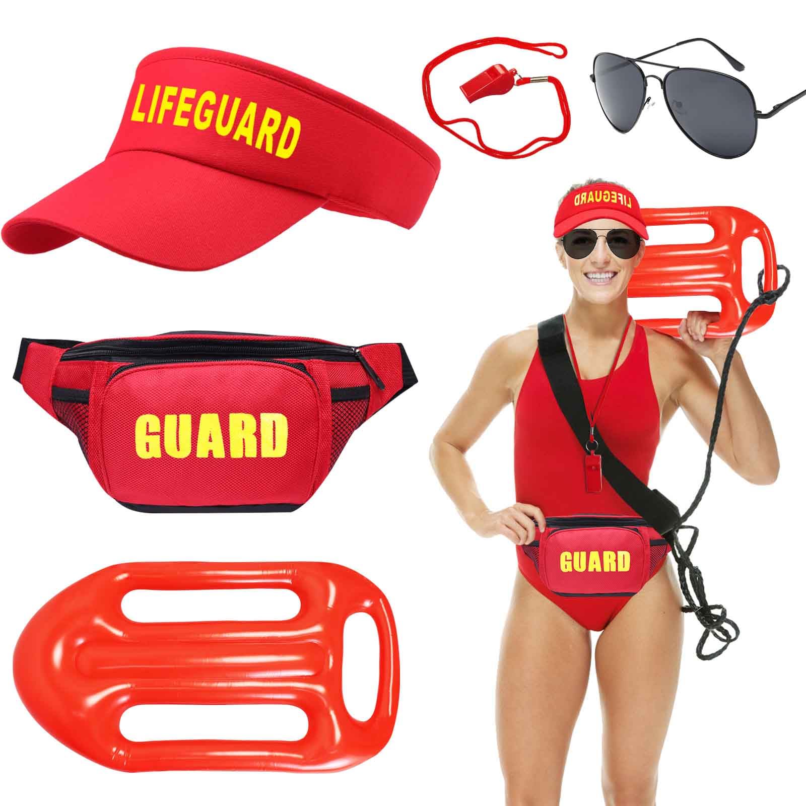 Life Guard Costume Accessories Beach Costume Set Include Sunglasses Red Lifeguard Hat Waistbag Whistle Inflatable Board Fancy Dress for Men Women Pool Party Theme Party Halloween Cosplay(Style 1)