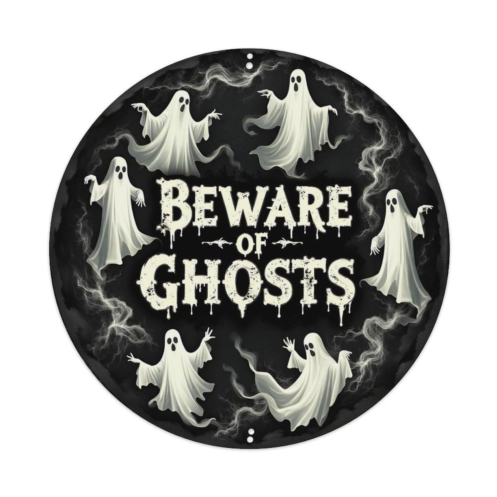 Beware Of Ghosts Pattern Print Retro Metal Sign Round Tin Sign, Vintage Decor Art Poster for Bar, Home, Man Cave, Kitchen, Laundry Room Gift 8x8Inch