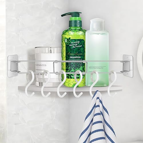 Barra de almacenamiento de esquina para ducha de autocaravana, varillas de tensión ajustables de acero inoxidable con 6 ganchos, caravana, caravana,