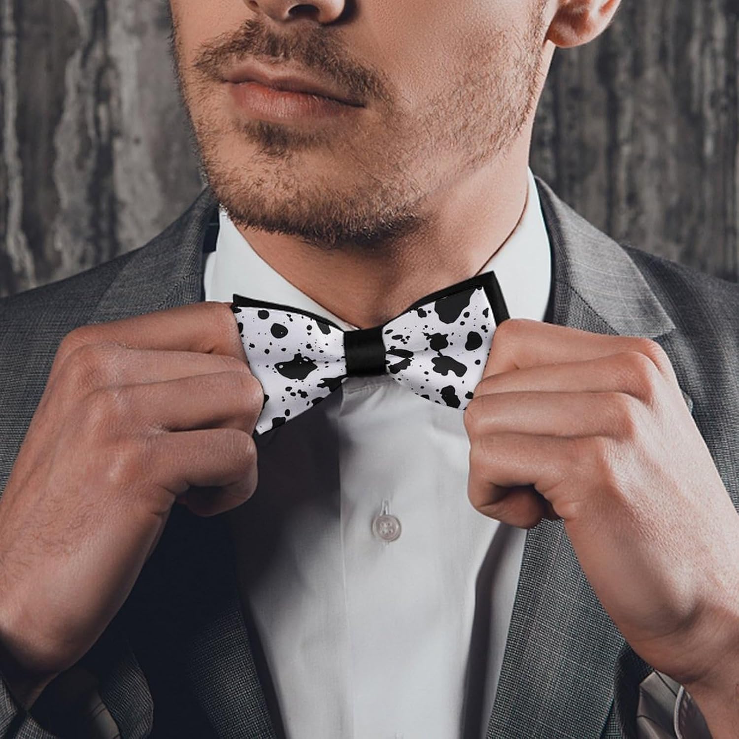 Dalmatian Animal Print Bow Ties for Men Fun Printed Pre Tied Adjustable Bowtie for Party Wedding