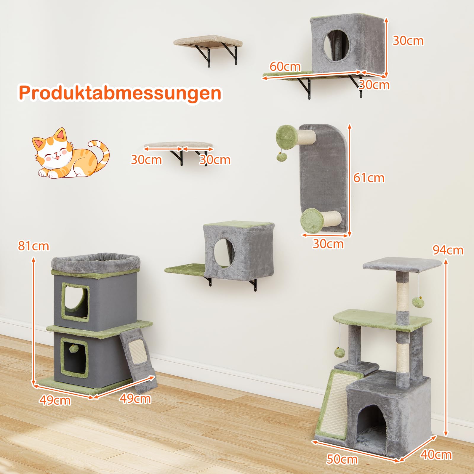 COSTWAY Kratztonne Katzentonne, 3 stöckiger Kratzbaum, Katzenhaus mit großer Liege, Kratzbrett, 2 Katzenhöhlen & Ball, Spieltonne mit Abnehmbarer Hülle, Katzenbaum Katzenkratzbaum Kletterbaum, Grau