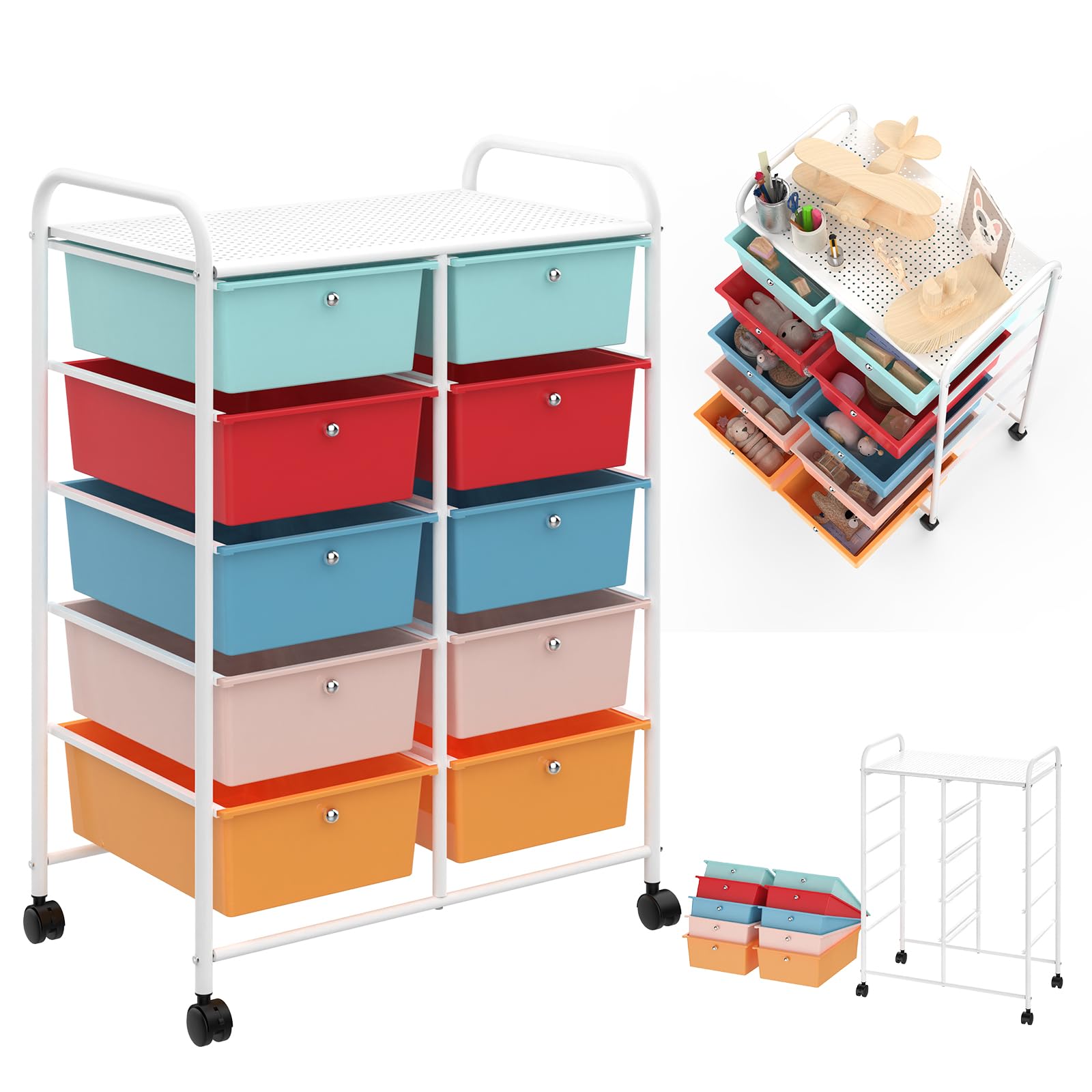 UISEBRT Chariot à roulettes avec 10 tiroirs empilables, chariot de rangement pour bureau, salon (96 x 39,5 x 66 cm)