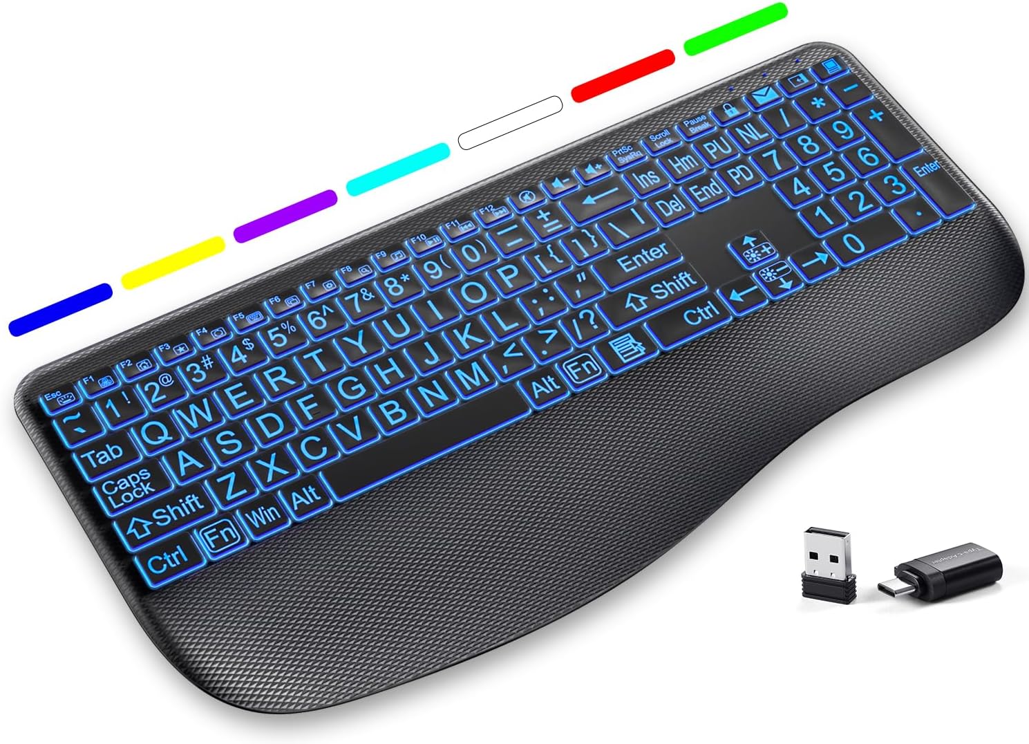 Large Print Backlit Wireless Keyboard – Silent Keyboards with Wrist Rest, 7-Color Light up, Quiet Low Profile Keys, 2.4G Wireless Rechargeable Full Size Keypad for Computer Laptop Windows Mac, Black