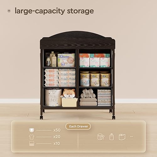 Miniatura 4 de Cambiador de bebé con ruedas, cómoda de bebé de 6 cajones con cambiador, estación y almohadilla para cambiar pañales impermeable, unidad de