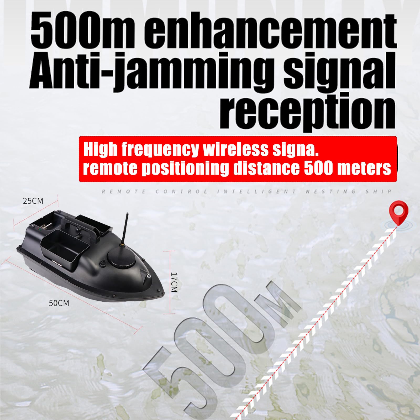 Bateau amorceur avec sondeur et GPS, Bateau amorceur de pêche RC, Distance de 500 m, avec GPS et sonde, Moteur de Recherche de Poissons Portable, Signal sans Fil 500 m/546 Yards, 1 Batterie