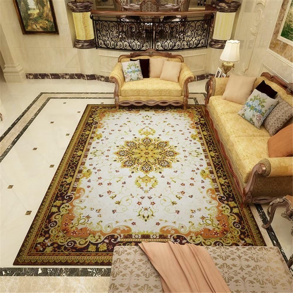 Tapis de salon jaune floral pour illuminer un coin lecture de chambre adulte moderne