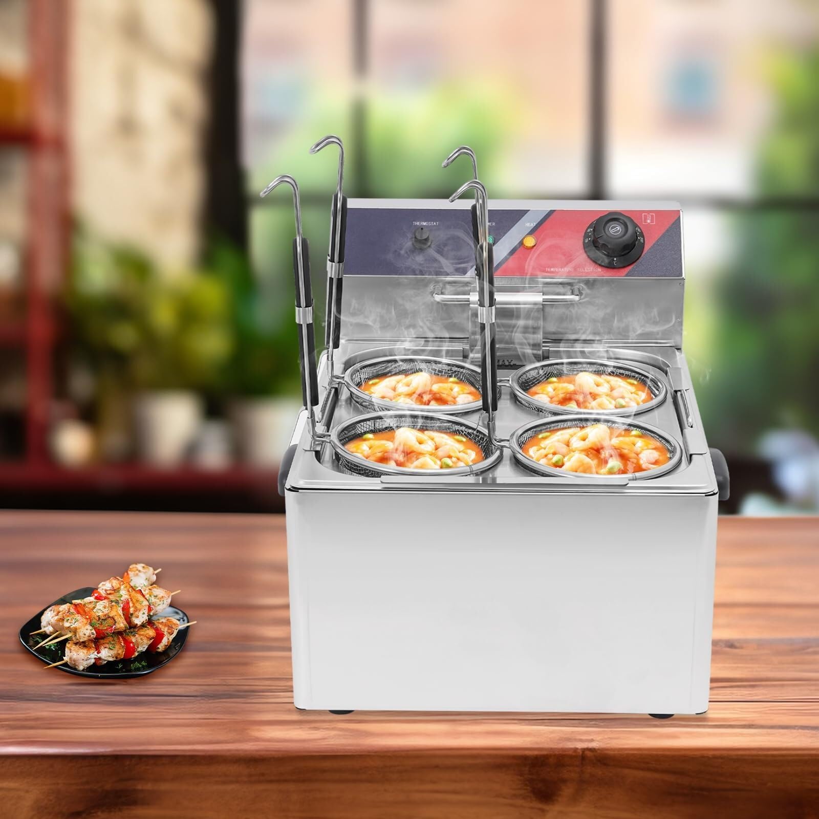 Macchina for la Cottura della Pasta a 4 Fori, cuocipasta Elettrico in Acciaio Inox 201 con 4 cestelli filtranti for Spaghetti, Gnocchi, Snack fritti, 3,5 kW