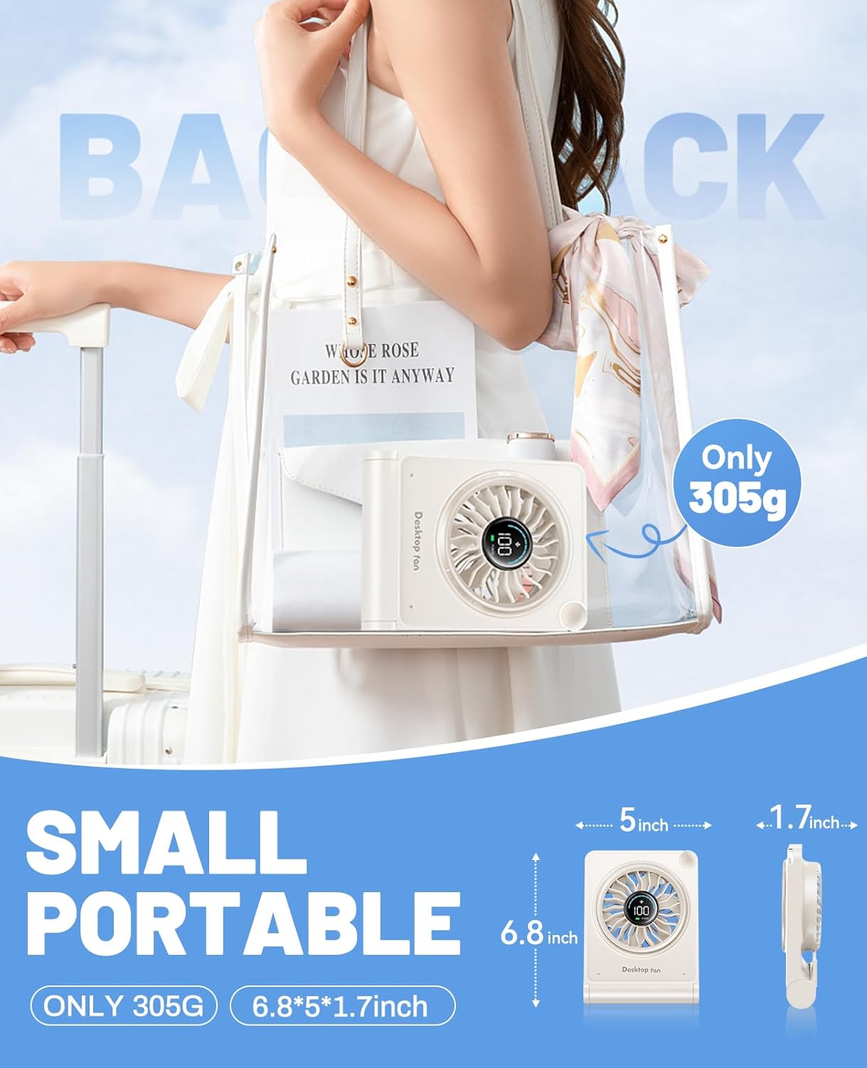 Small Desk Fan, Quiet Portable Table Fan with 100 Speeds, 12 Hrs Cooling, Strong Airflow, Digital Display, 180° Adjustable, Rechargeable Desktop Fan for Bedroom Office Cruise Travel, White