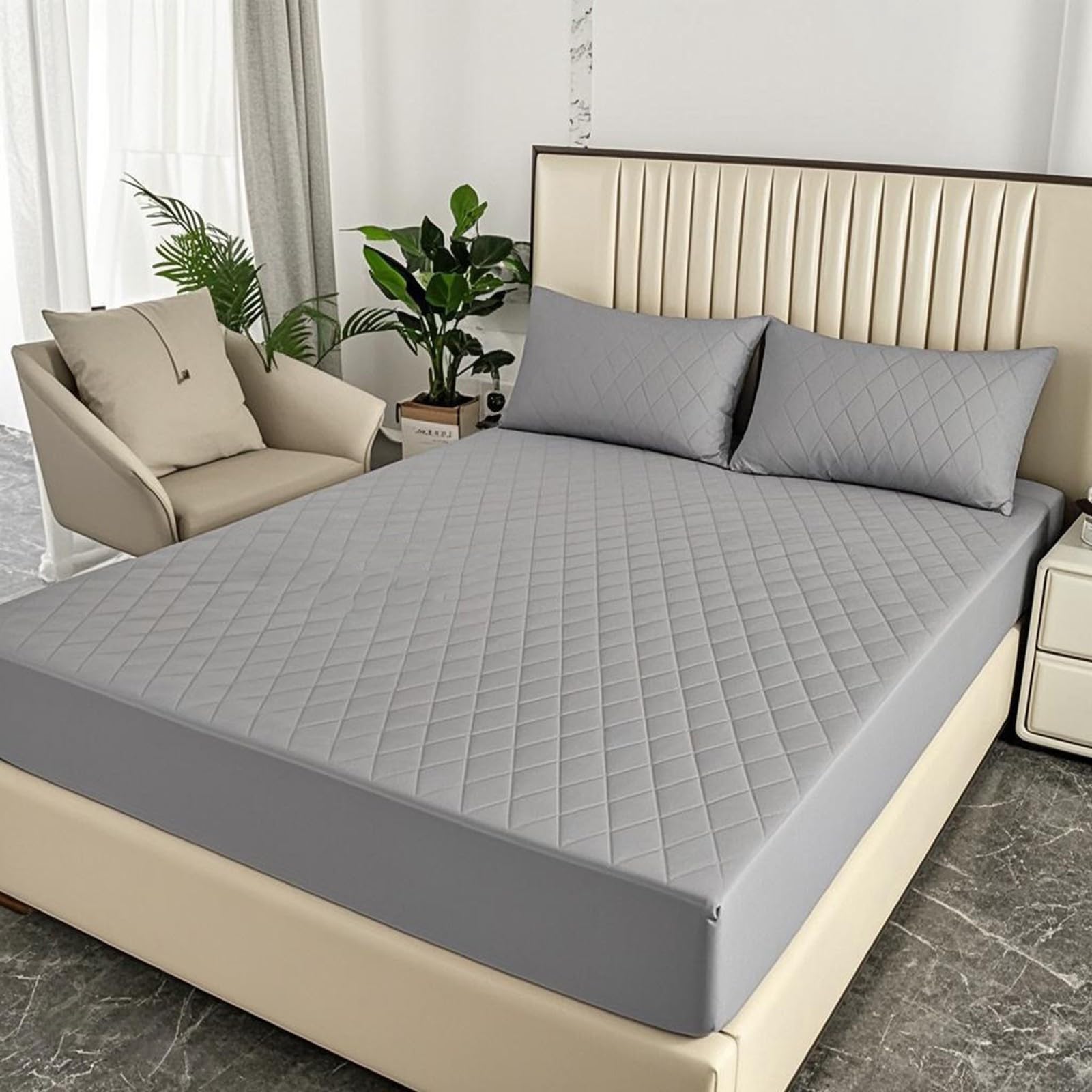 Gesteppter Wasserdichter Matratzenschoner mit 2 Kissenbezügen, Saugfähiger Komfortabler Matratzenschoner,Hypoallergener Aatmungsaktiver Matratzenbezug für das Schlafzimmer im Haus(Gray,200x220cm)