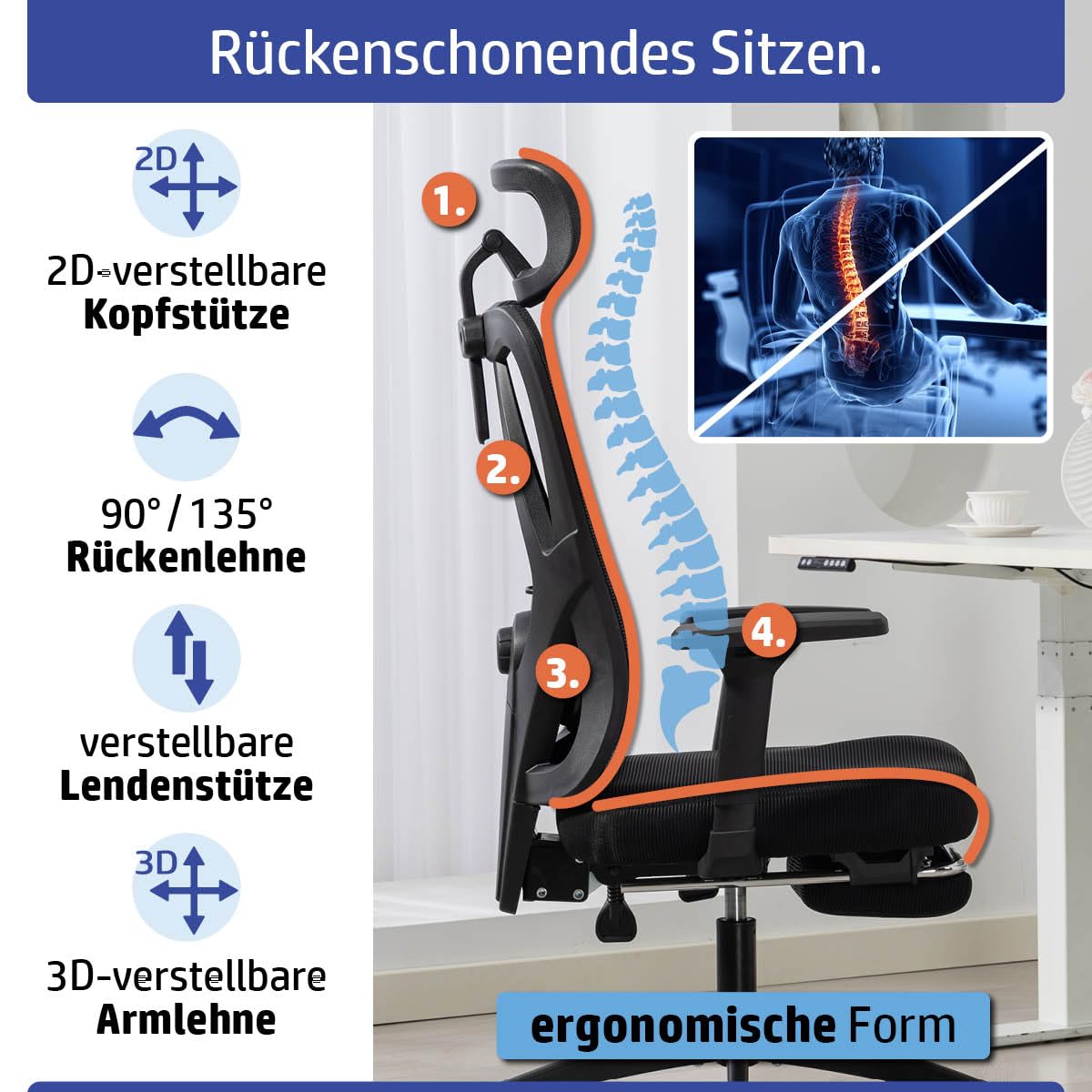 Bürostuhl Schreibtischstuhl | verstellbare Armlehnen & Kopfteil | 6 Modelle | Ergonomisch | stufenlos verstellbare Lendenstütze | inkl. 2 Rollensets | bis 150kg | BackPro Polster-Schwarz