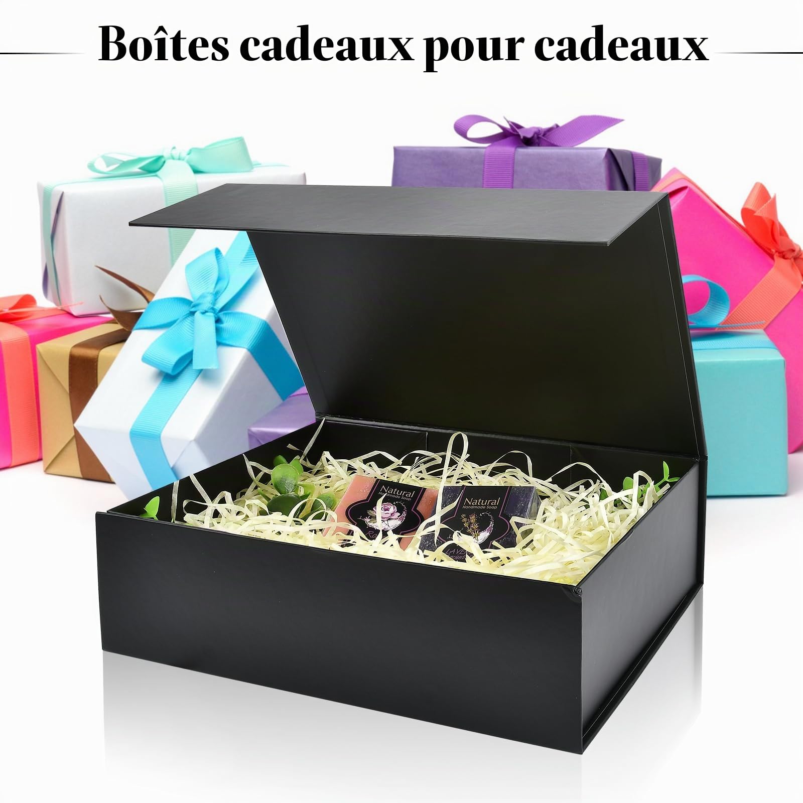 Boîte cadeau magnétique noire avec couvercles, 26 x 19 x 8 cm | Lot de 5 boîtes cadeaux pliées en carton pour anniversaire, mariage, Saint-Valentin, Noël, festivals – Assemblage facile
