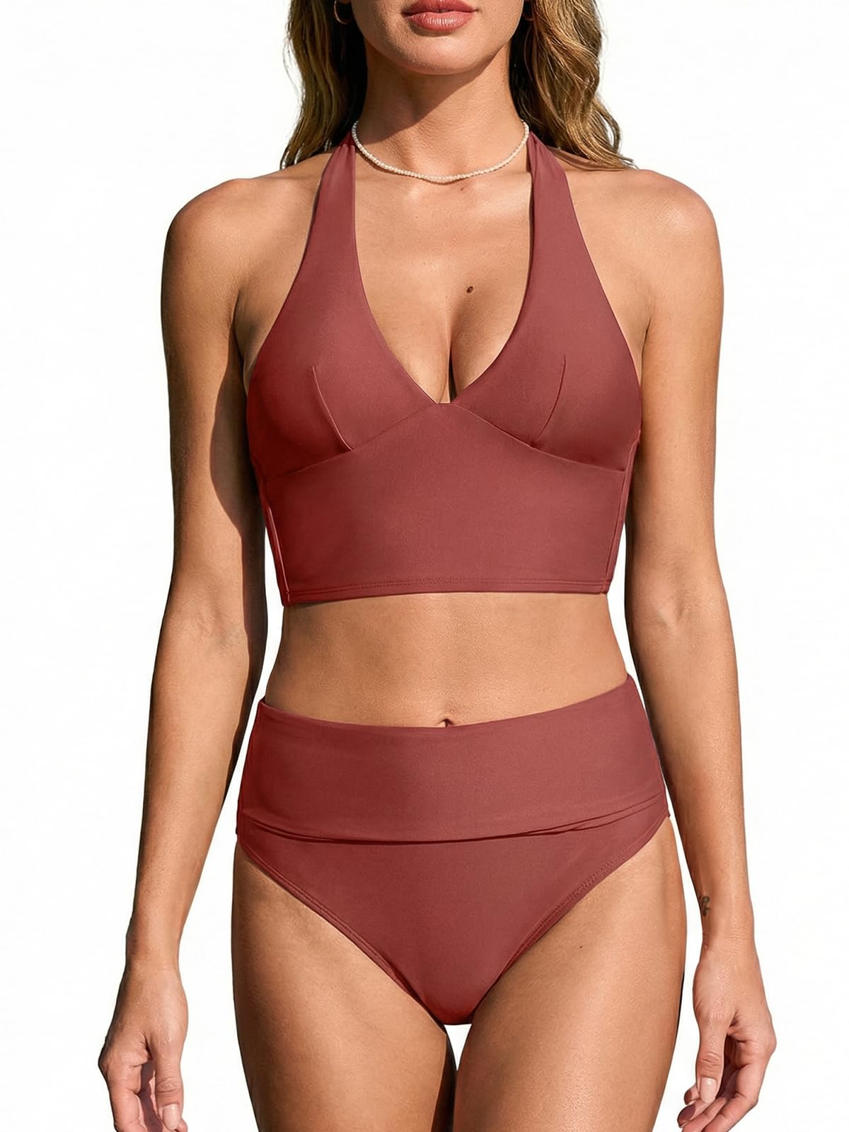 CUPSHE Damskie zestawy bikini z dekoltem w serek z wysokim stanem dwuczęściowy strój kąpielowy wiązany na szyi z tyłu kostium kąpielowy