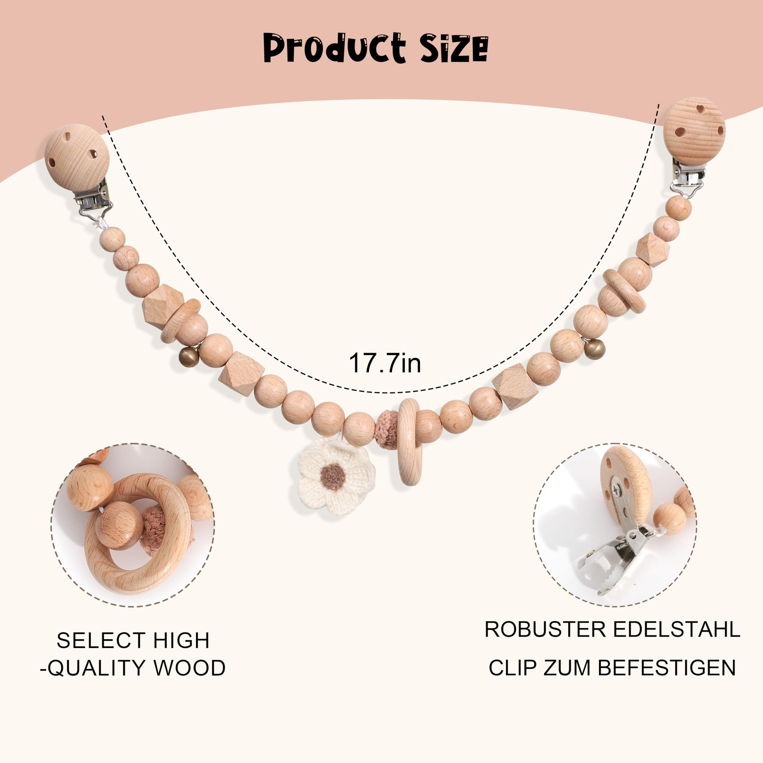 Wooden Baby Stroller Chain with Daisy - Stroller Toy for Babies 0-12 Months, Baby Seat Hanging Sensory Activity Bell, Rattle, Boho Stroller Garland with Natural Beech Beads and Crochet Flower