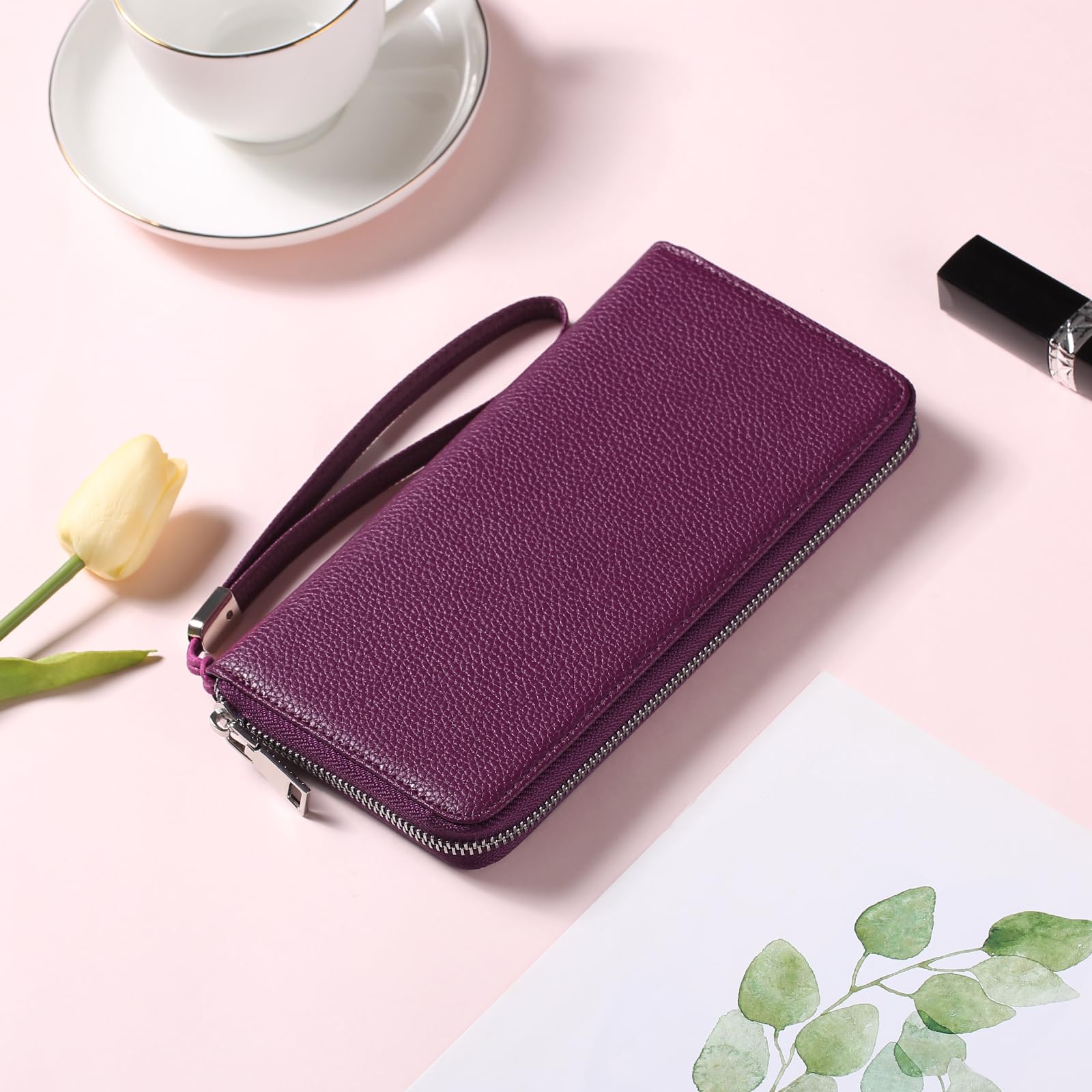 GAEKEAO Portafoglio Donna Grande in Pelle con Blocco RFID, Portamonete con Chiusura a Cerniera, Borsellino Idee Regalo