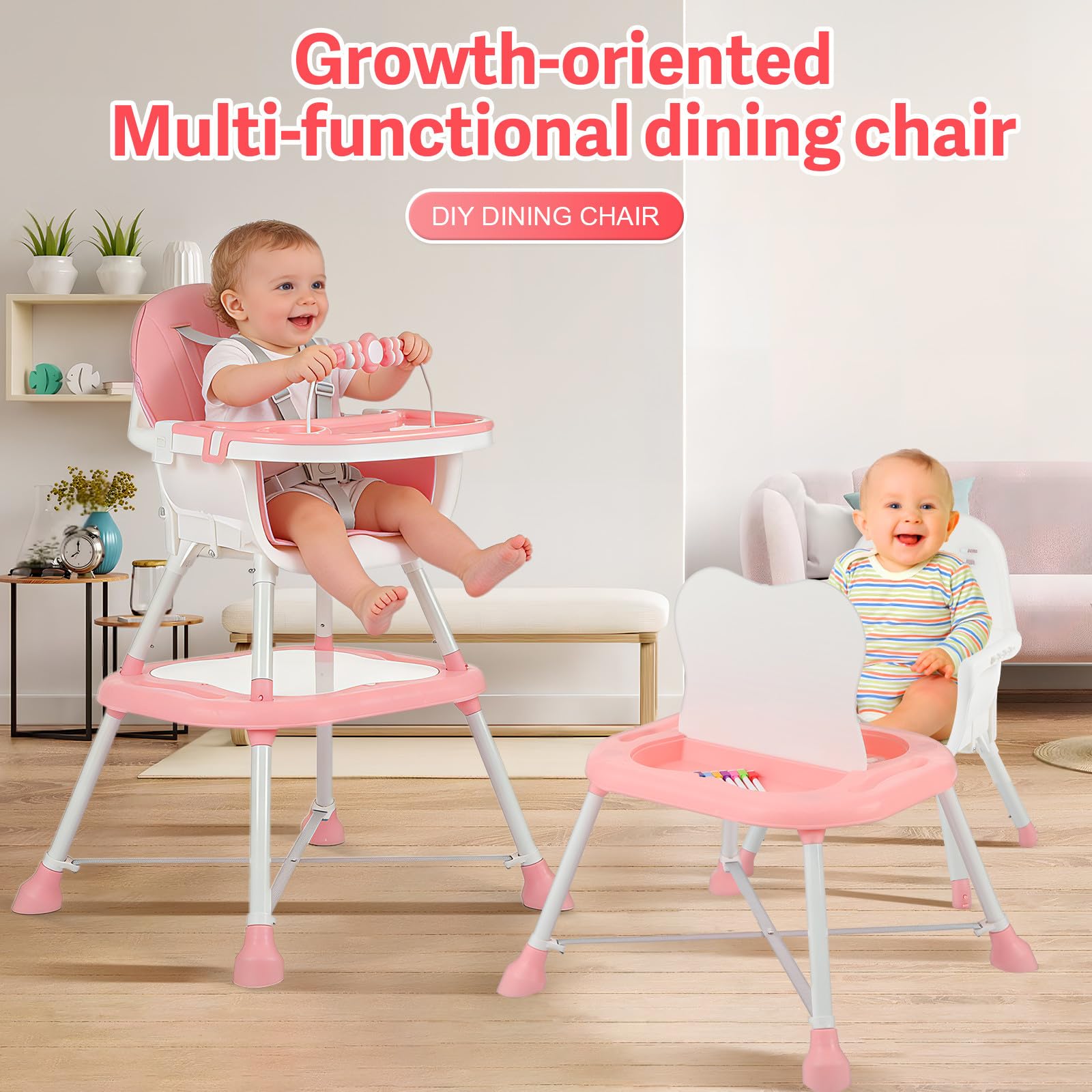Toddmomy Krzesełko dla niemowląt | 6 w 1 ergonomiczne krzesełko do karmienia, podwyższenie siedziska, stolik do gier | Rozkładany fotelik dla malucha z pasami bezpieczeństwa do jedzenia i zabawy