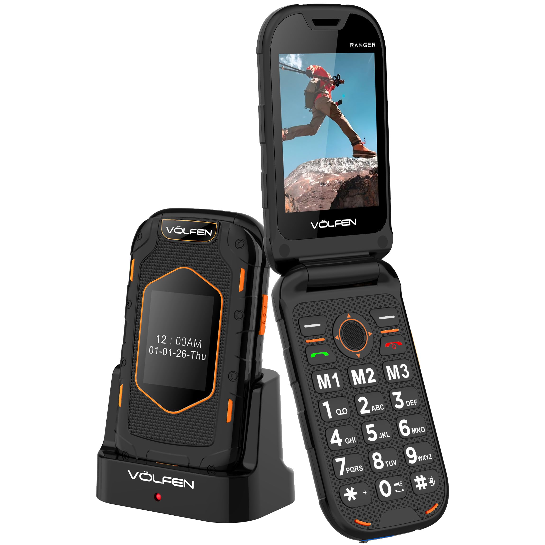 Ranger - Telefono robusto per anziani, doppio schermo, pulsanti e tasti grandi, facile da usare, USB-C, 3 memorie dirette, base di ricarica, nero/giallo
