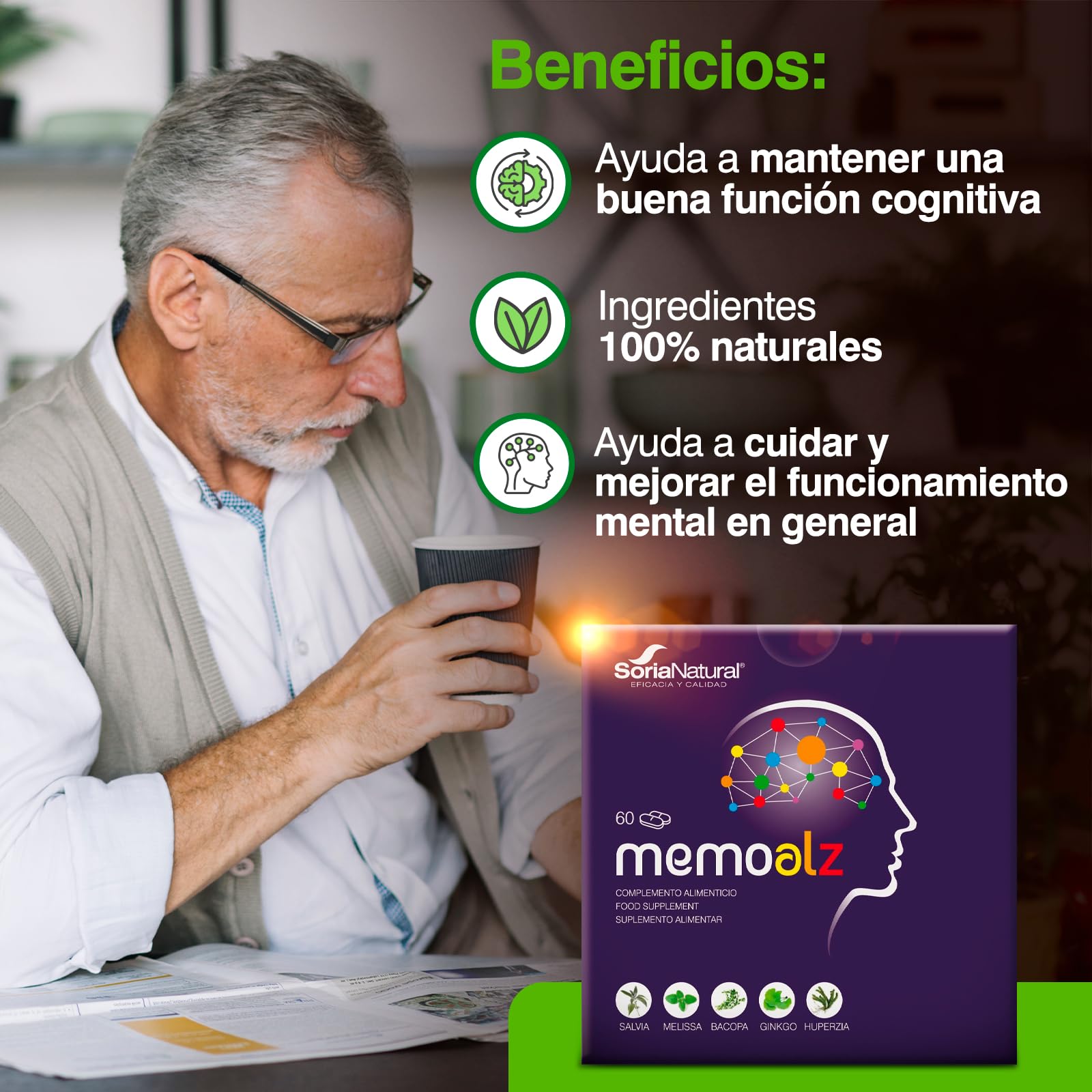 Soria Natural - MEMOALZ - Complemento alimenticio - Mejora la memoria y favorece la concentración - 60 comprimidos - Extracto de Salvia