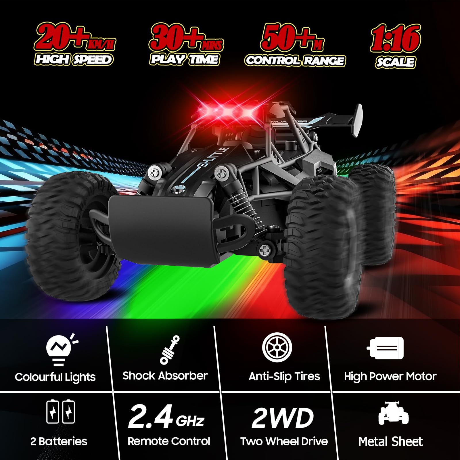 Remote Control Car for Kids 3 4 5 6 7+, 20 KM/H High-Speed RC Cars with LED Lights, 2.4GHz 2WD Monster Truck Toys, Rechargeable RC Car, Toy Cars for Girls Boys, Christmas & Birthday Gifts–Black