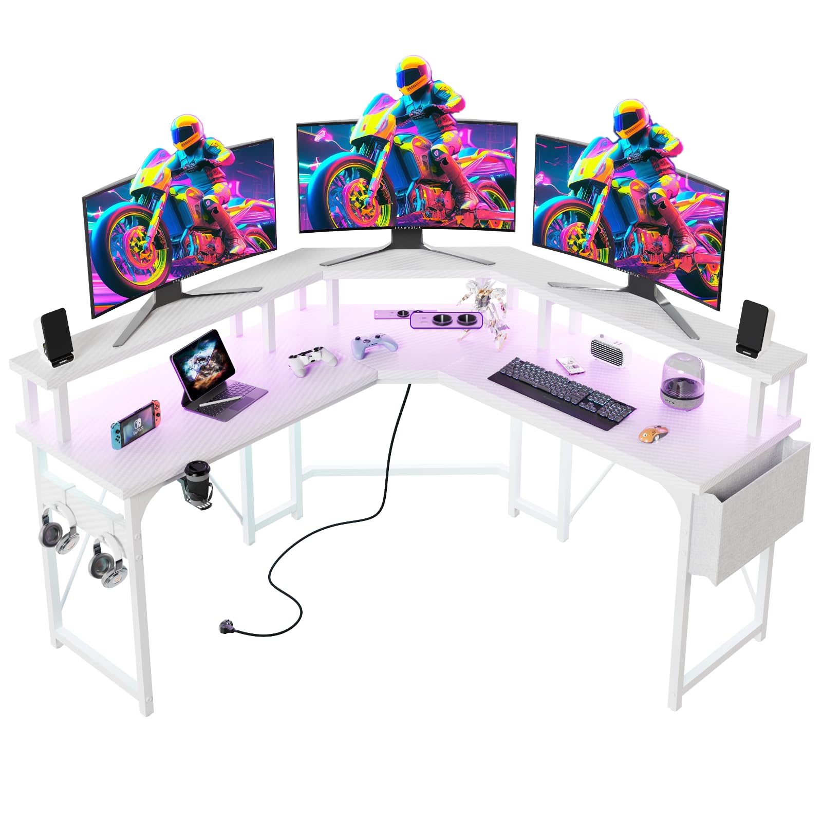 TRIUMPHKEY Escritorio de Gaming con RGB, Mesa de Ordenador en L con 2 Enchufes y 2 Puertos USB, Escritorio Esquinera con Gran para Monitor y Bolsa de Almacenaje, 153x153cm, Fibra de Carbono Blanco