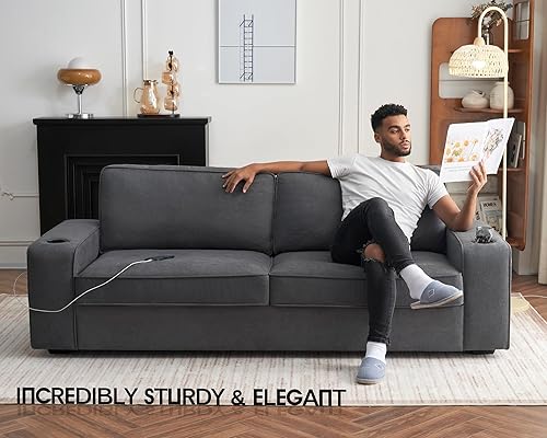 Miniatura 6 de Sofá moderno de 89 pulgadas con puertos de carga USB y portavasos, sofá de asiento profundo, cómodo sofá para sala de estar (chenilla gris carbón)