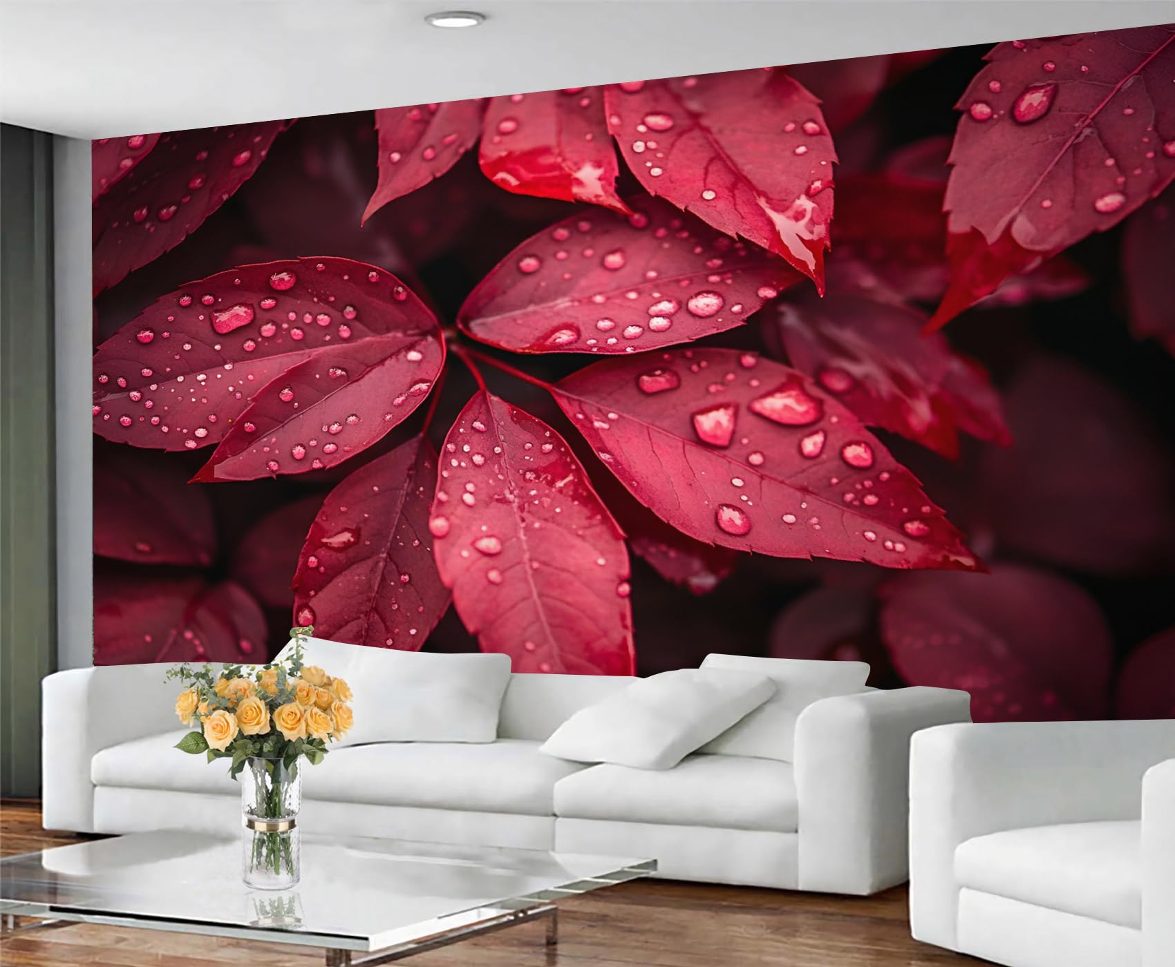 GIVLWF Red Leaves Bedroom Wallpaper, Leaves Wallpaper for Living Room, Botanical Wall Mural, Non Self Adhesive Wall Paper & Home Decor