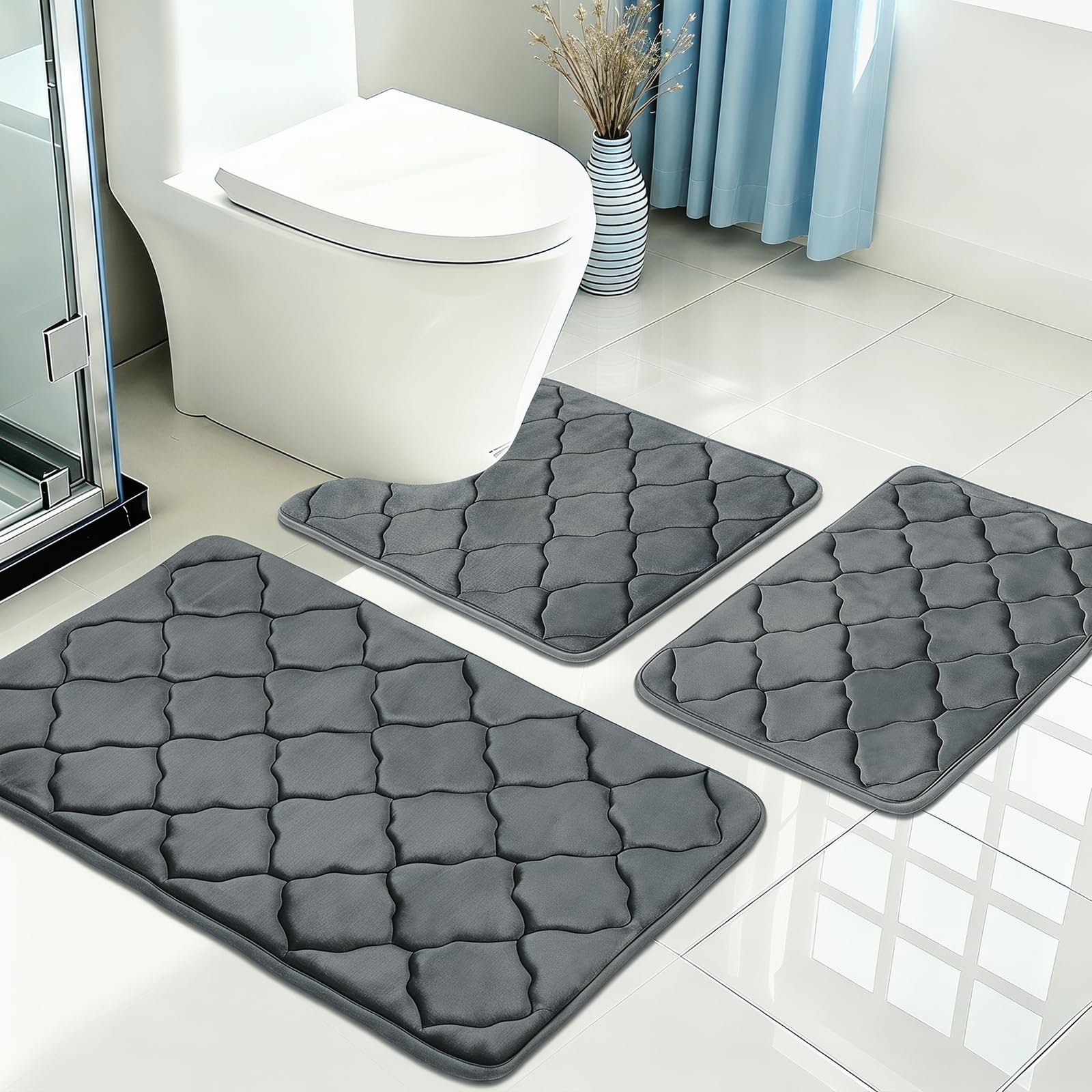 Edlbaegy Non Slip Bath Mat Set 3 Pieces Ultra Soft Memory Foam Bathroom Rugs Water Absorbent Bathroom Mats Set Machine Washable Bath and Toilet Rug Set for Floor(Dark Grey)