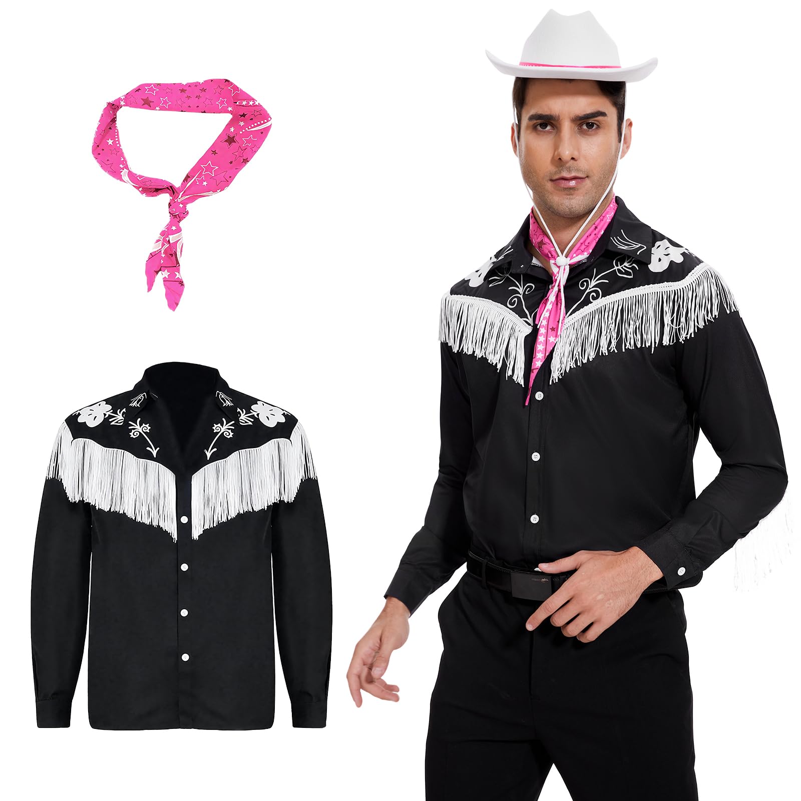 AKFJDLAD Mannen Cowboy Kostuum Lange Mouw Western Classic Cowboy Shirts Cosplay Kostuum, Zwart, XXL AKFJDLAD Mannen Cowboy Kostuum Lange Mouw Western Classic Cowboy Shirts Cosplay Kostuum, Zwart, XXL