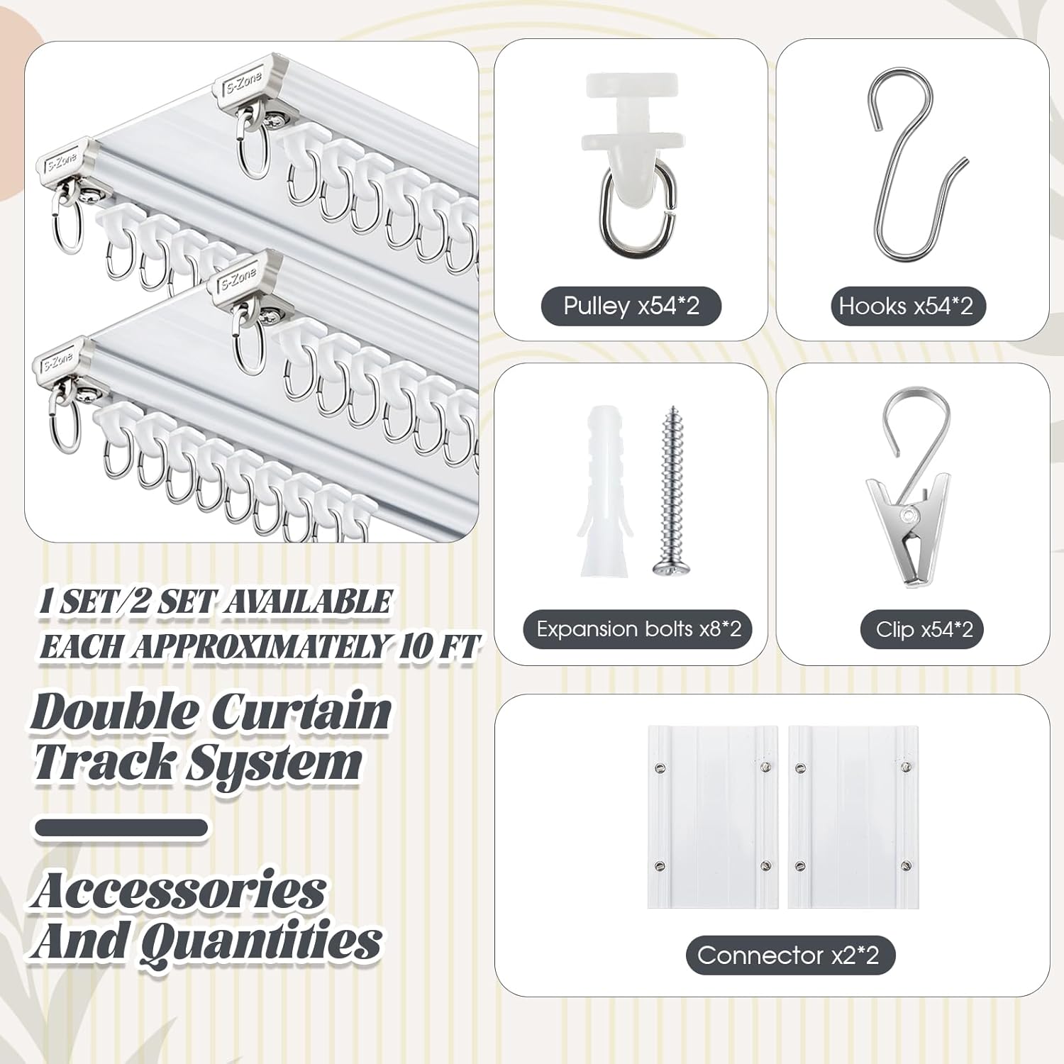 Juexica 2 Set Ceiling Curtain Double Track Set 3ft-10ft/ 3meter White Double Curtain Track Ceiling Mount Heavy Duty Room Divider Adjustable Length Rails with Clips Hooks End Hook