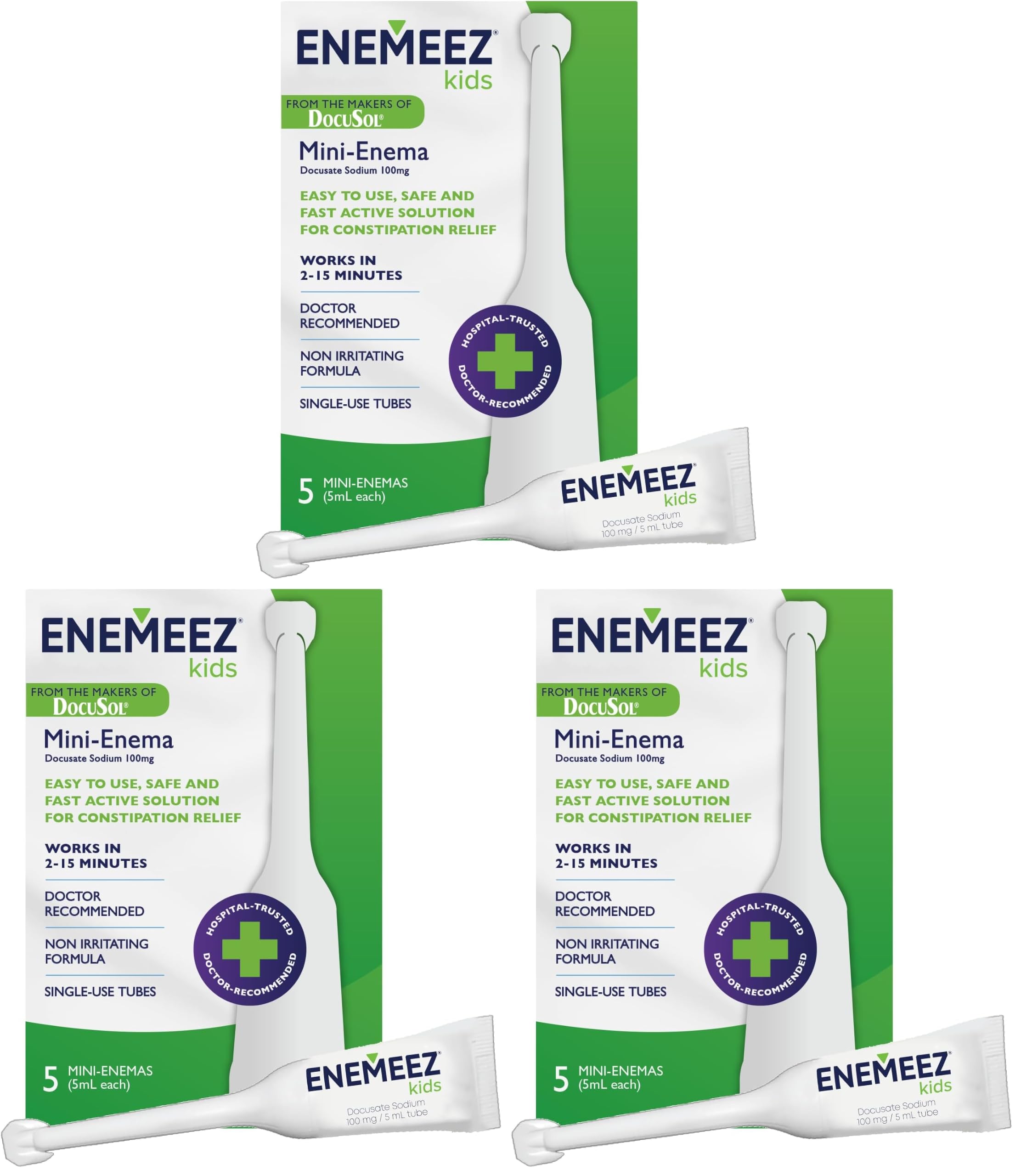 DocuSol Enemeez Kids Enema - Constipation Relief for Kids, Docusate Sodium Stool Softener, Fast-Acting, 5 Single-Use Disposable Tubes (Pack of 3)